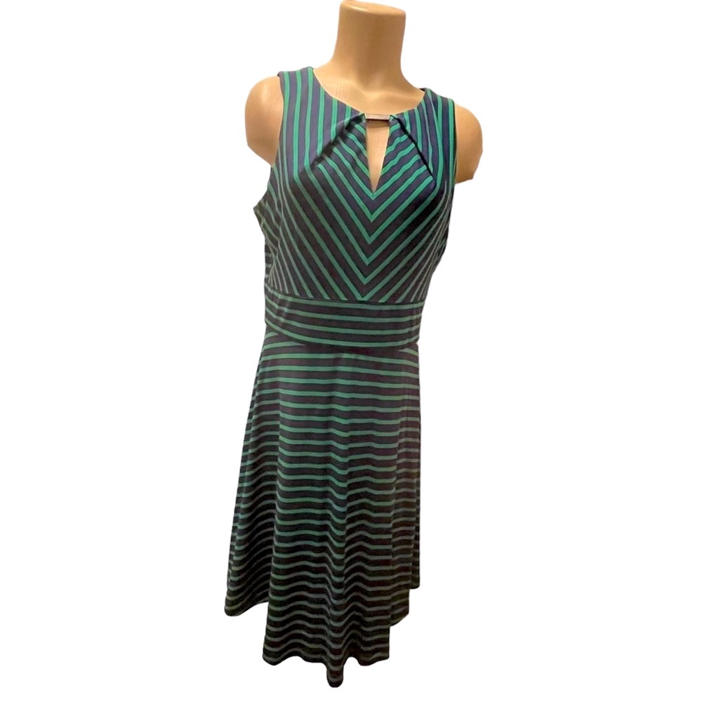 LIZ CLAIBORNE Swing Dress Sleeveless Striped Blue Green Size 12